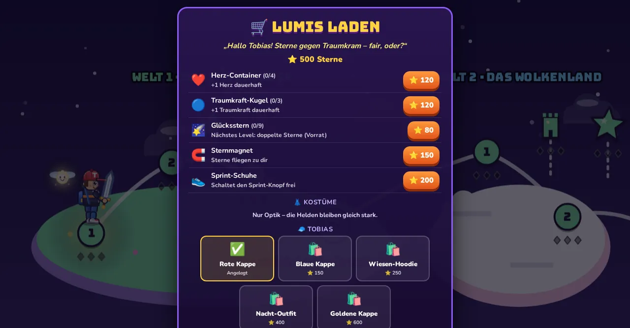 Lumis Laden: Herz-Container, Traumkraft, Glücksstern und Kostüme gegen Sterne