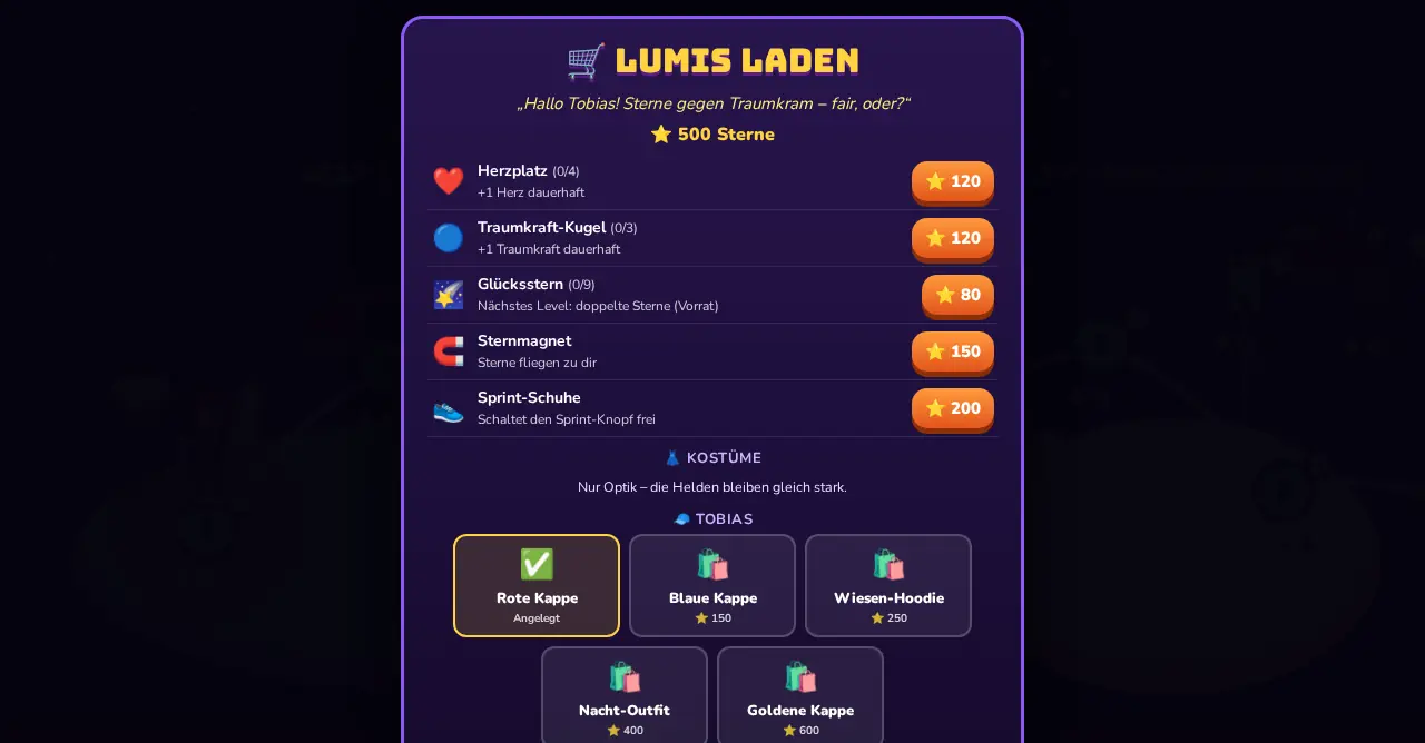 Lumi’s shop: extra hearts, dream power, lucky star and costumes for stars