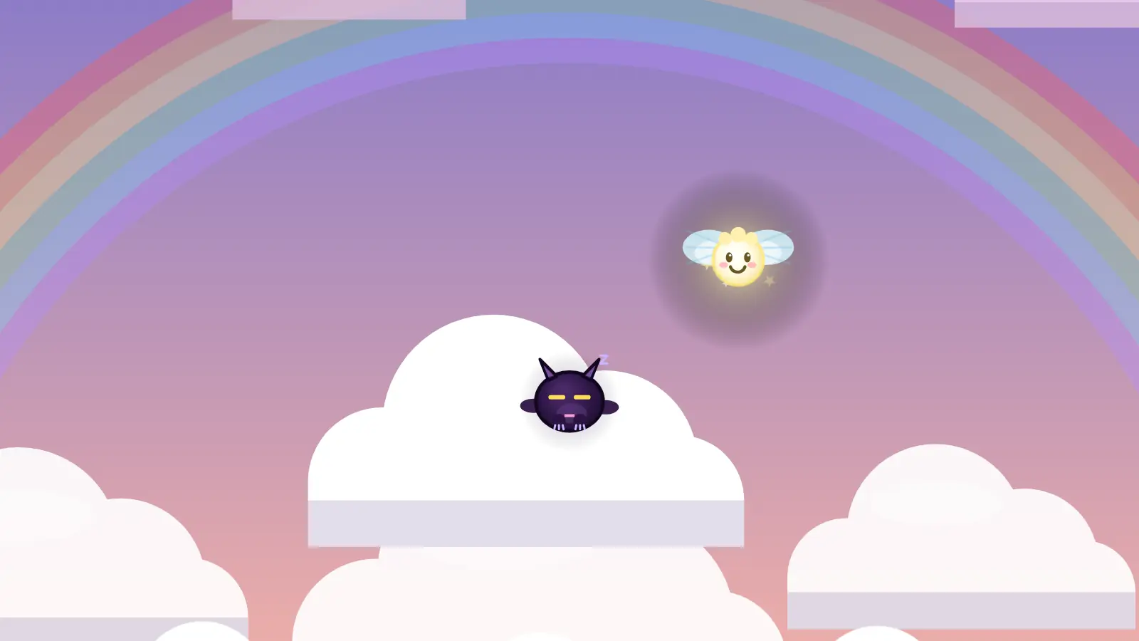 Nachti schläft auf einer Wolke unter einem Regenbogen, Lumi schwebt daneben