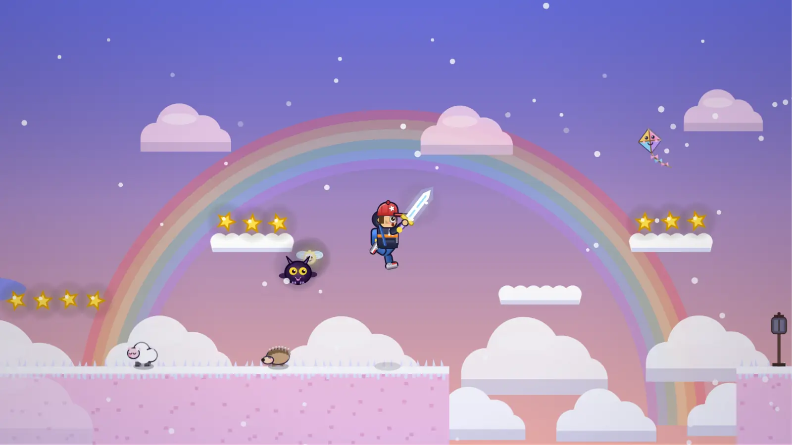 Nachtis Traum: Tobias springt mit der Lichtklinge über Wolken unter einem Regenbogen, Nachti fliegt neben ihm