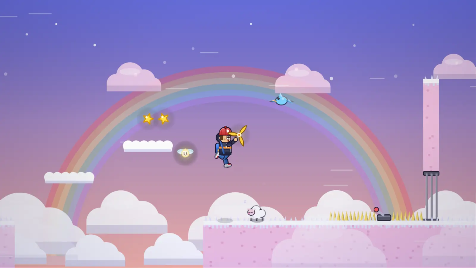 Über den Wolken: Tobias springt mit dem Sternen-Bumerang über Wolken, im Hintergrund ein Regenbogen